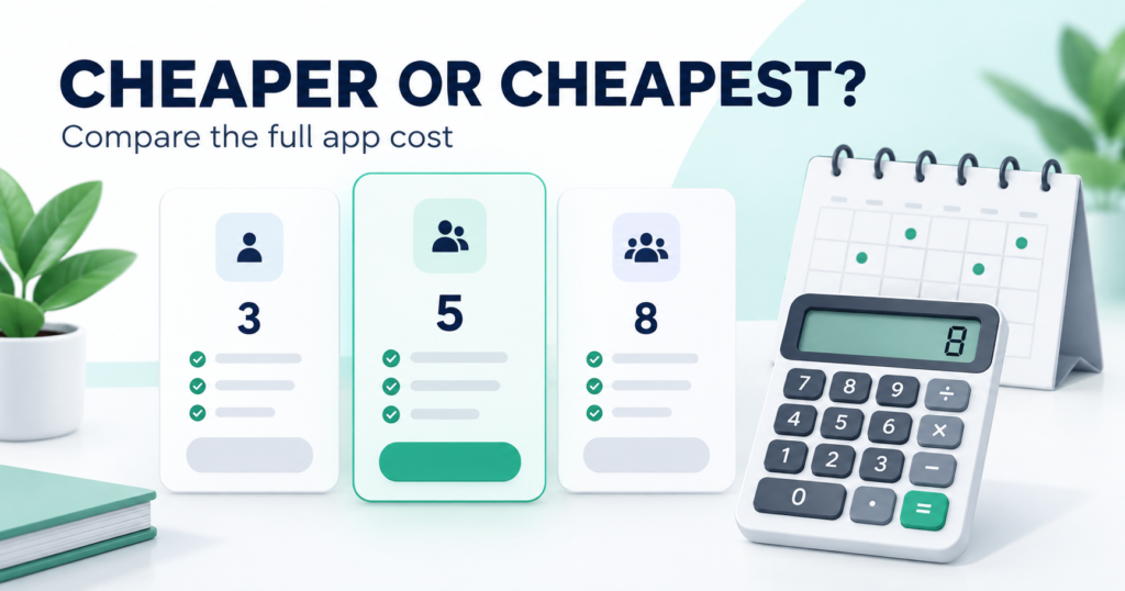 Three illustrative app price plans beside a calculator and payment calendar