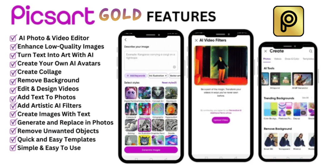 A list of PicsArt Gold features including AI Photo & Video Editor, Enhance Low-Quality Images, Create Your Own AI Avatars, Remove Background, and various AI filters, shown next to app screenshots.