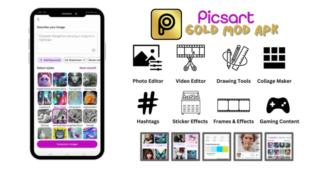 Icons representing PicsArt Gold Mod APK's main tools: Photo Editor, Video Editor, Drawing Tools, Collage Maker, Hashtags, Sticker Effects, Frames & Effects, and Gaming Content.