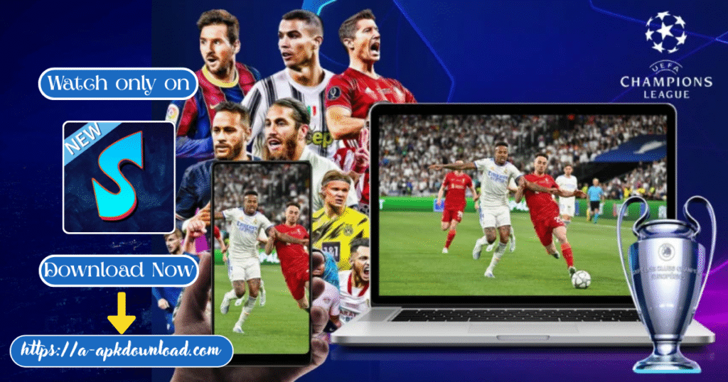 Sportzfy app logo shown on a smartphone next to a laptop displaying a live UEFA Champions League football match, promoting the Download Sportzfy APK Latest Version