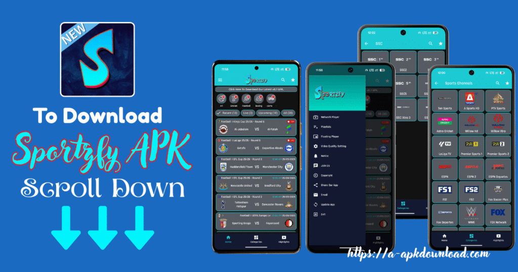 A collage of Sportzfy application screens demonstrating the available features and channel lists. Prompting users to download Sportzfy APK Latest Version.