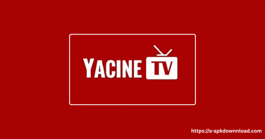 download Yacine TV | The main logo for the Yacine TV application, featuring the name in white text with a small white television icon, all within a white-bordered box on a solid red background.