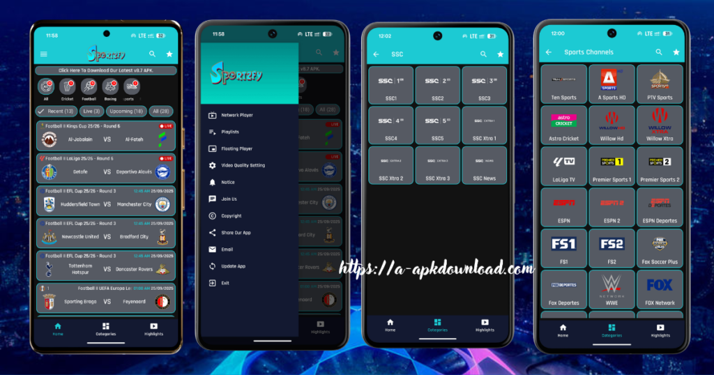 Some smartphone screen showing the Sportzfy APK V11.0 interface of all page. 