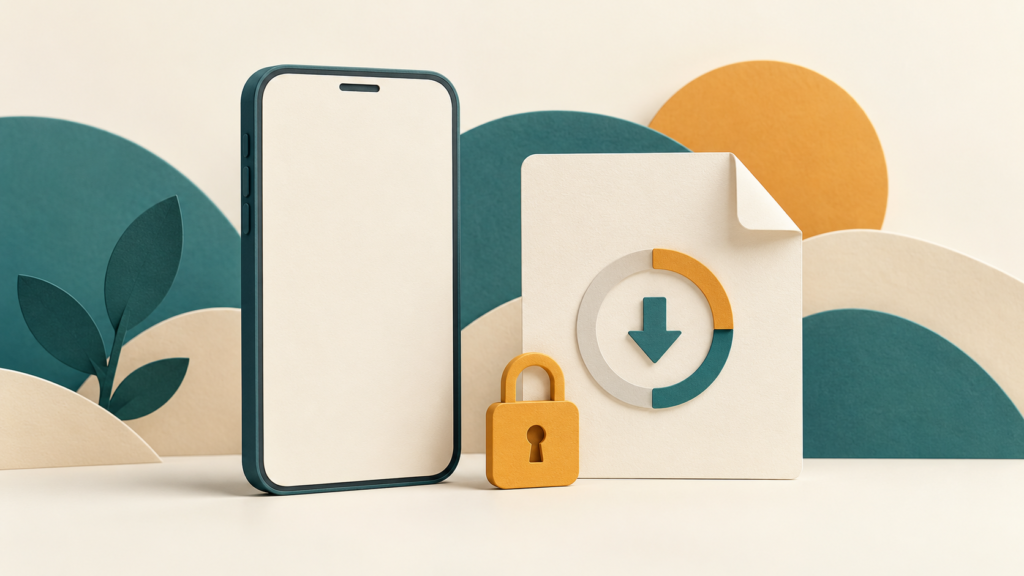 A phone beside a document with a small lock and an incomplete download indicator