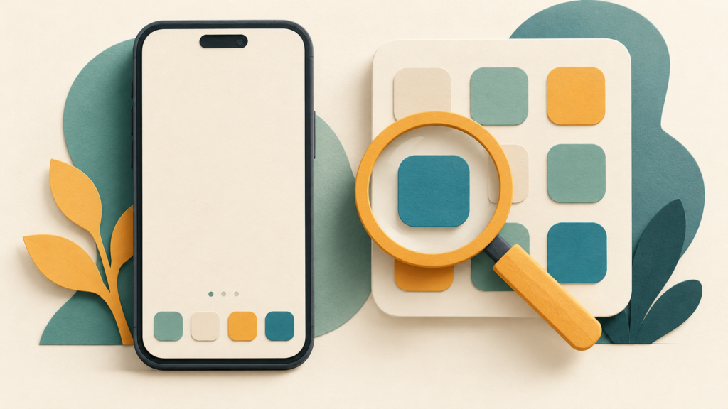 A phone with a sparse home screen beside a magnifying glass and a separate app grid