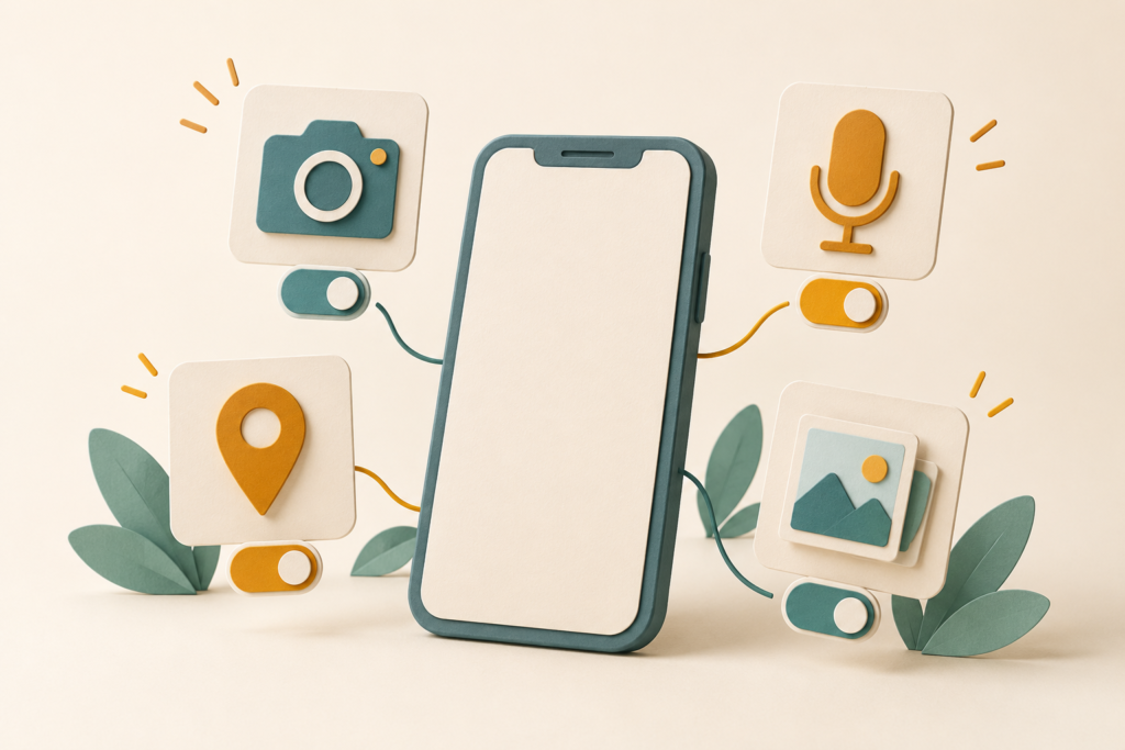 A phone surrounded by separate camera, microphone, location and photo cards