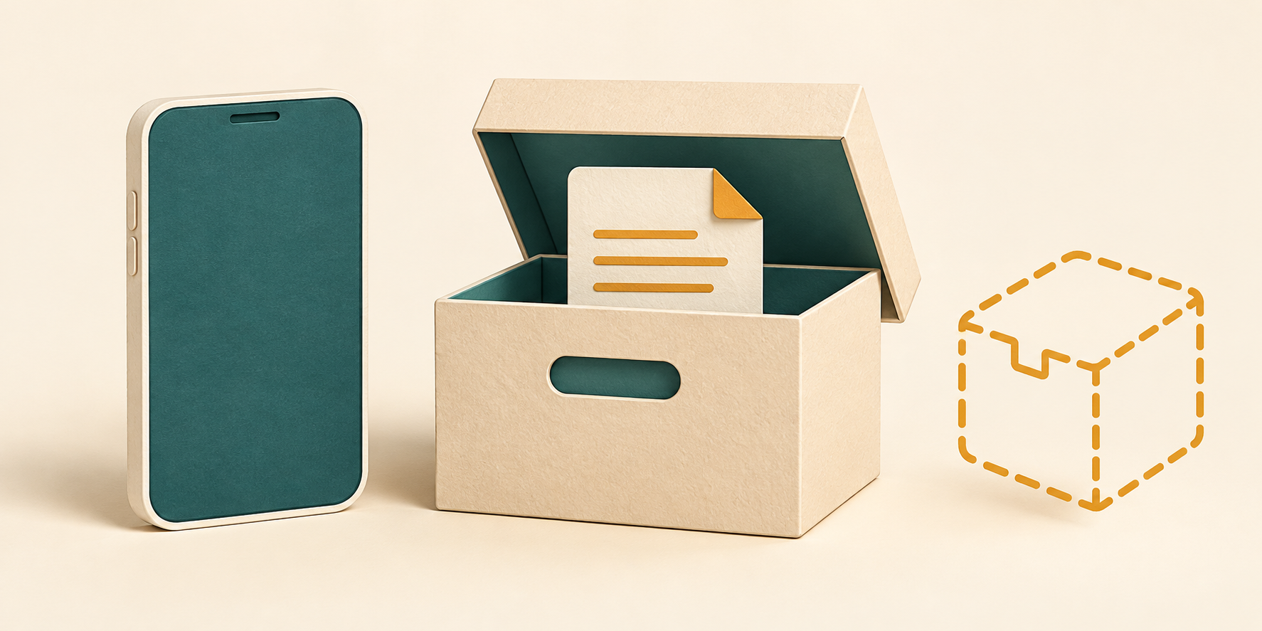 A phone beside an archive box holding a document and a separate empty app package