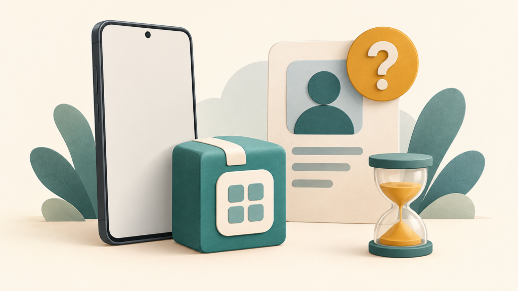 A blank phone beside an app package, an identity card with a question mark and an hourglass