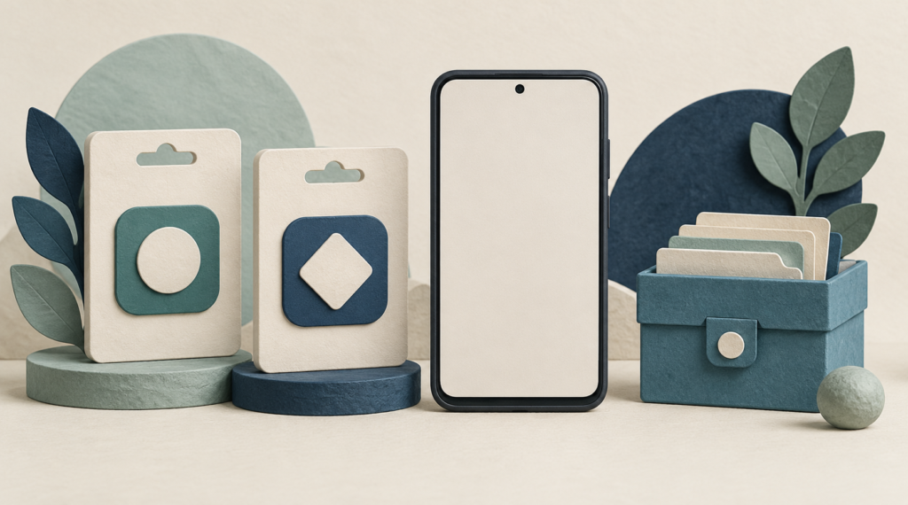 Two app package cards with different seals beside a blank phone and a document box
