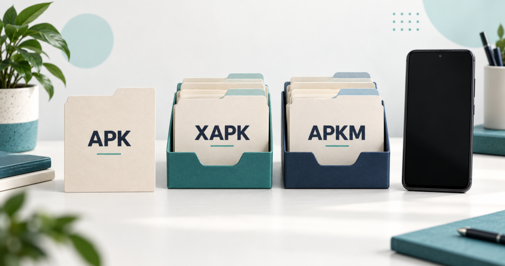 APK, XAPK and APKM file groups beside a blank Android-style phone