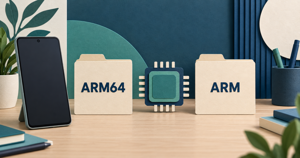 ARM64 and ARM file cards beside an abstract processor and a blank smartphone