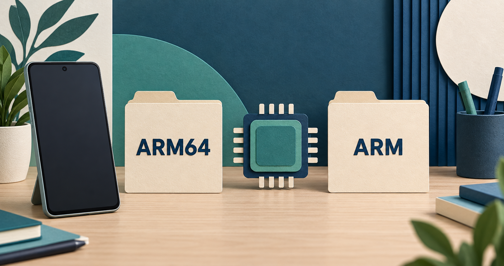 ARM64 and ARM file cards beside an abstract processor and a blank smartphone