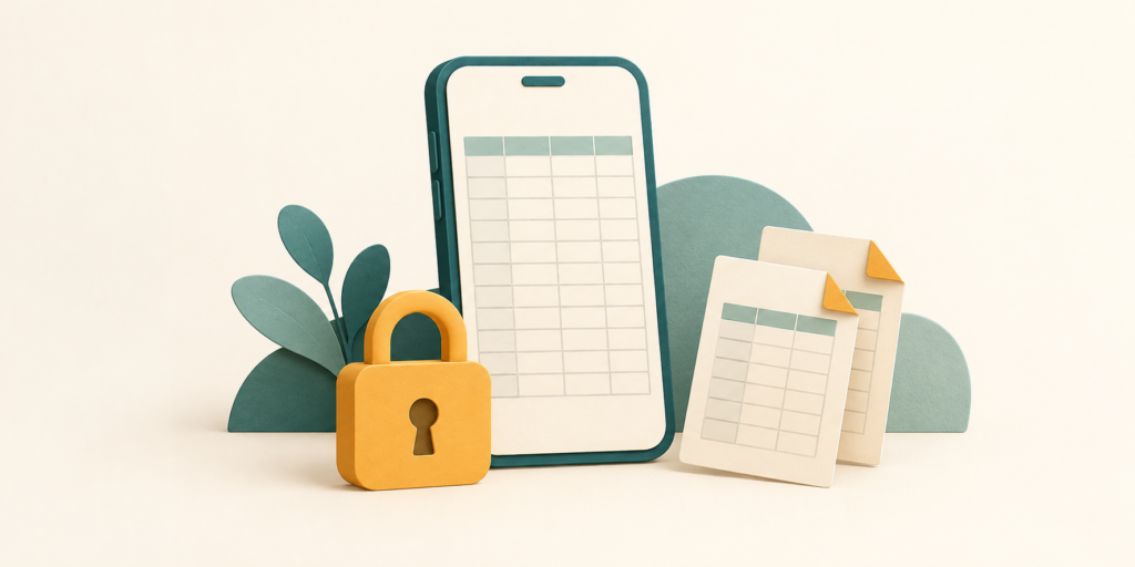 A phone with a spreadsheet grid beside a lock and document copies