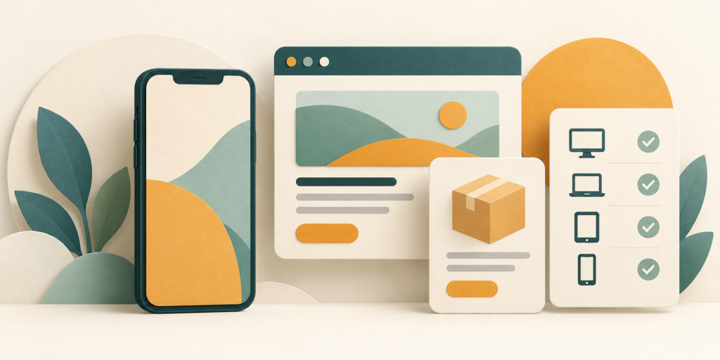 A phone beside browser and package cards with a compatibility checklist