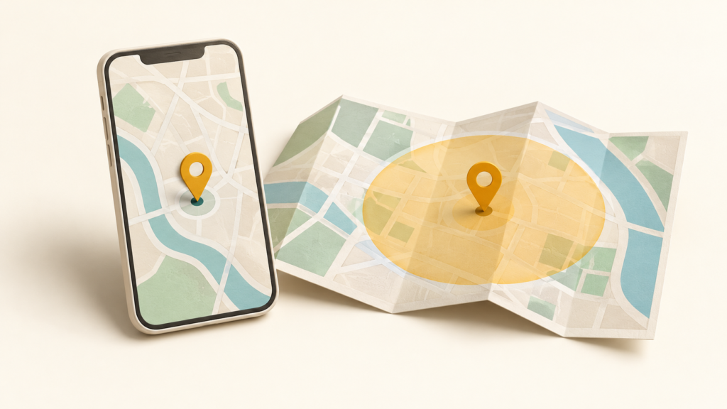 A phone beside a folded map, location pin and approximate location circle