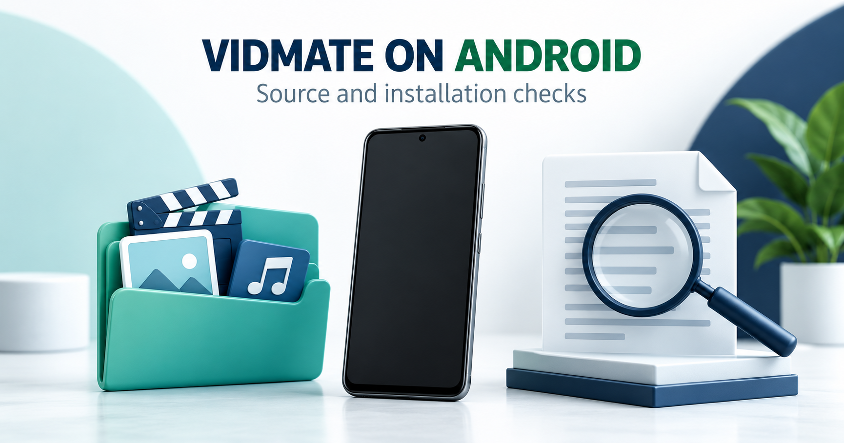 Blank Android phone, media folder and publisher source document under magnifier