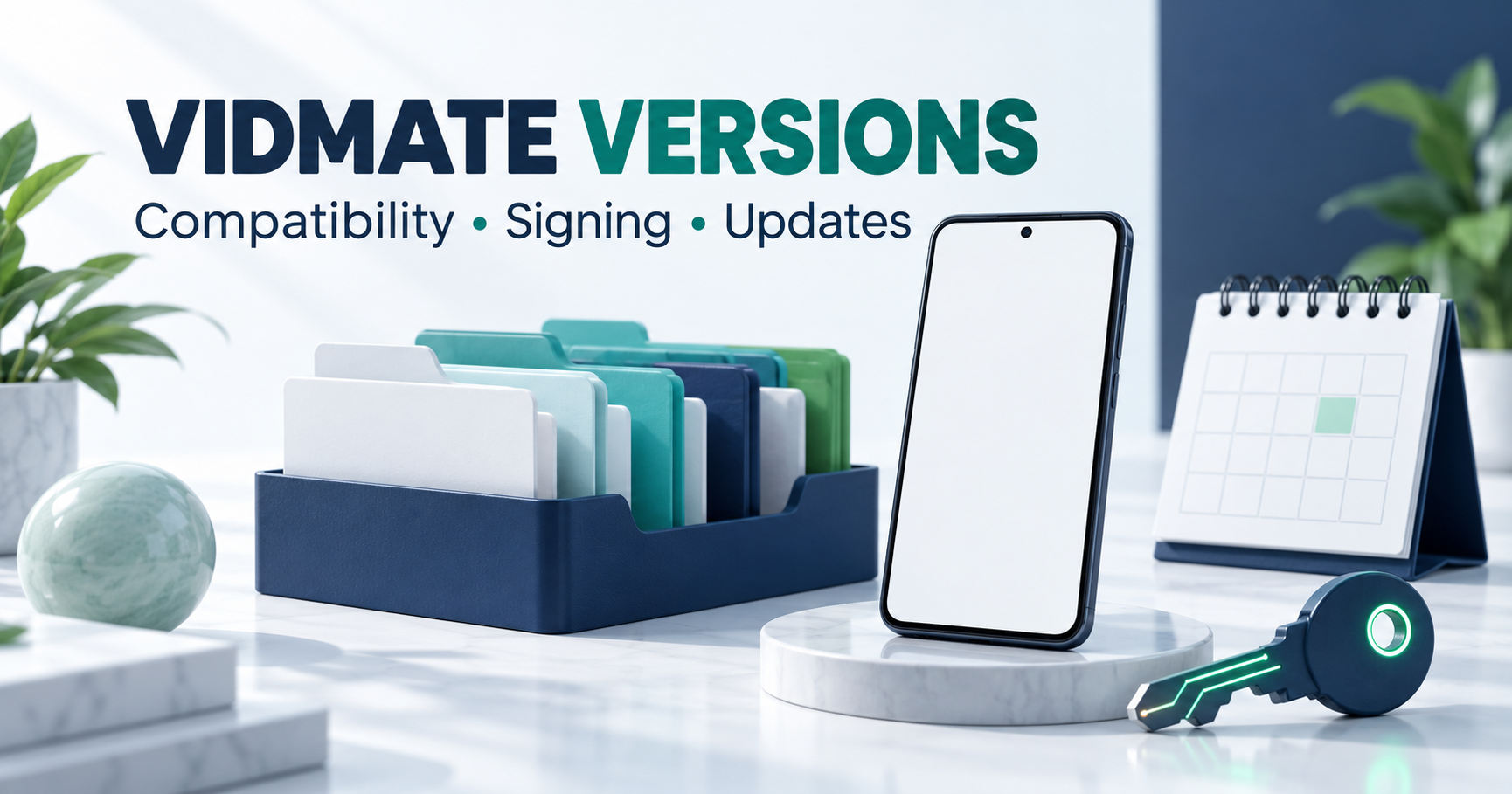 Blank phone, archived version folders, calendar and digital key
