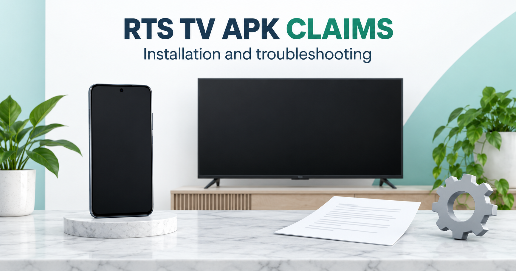 Blank Android phone and television beside source document and gear