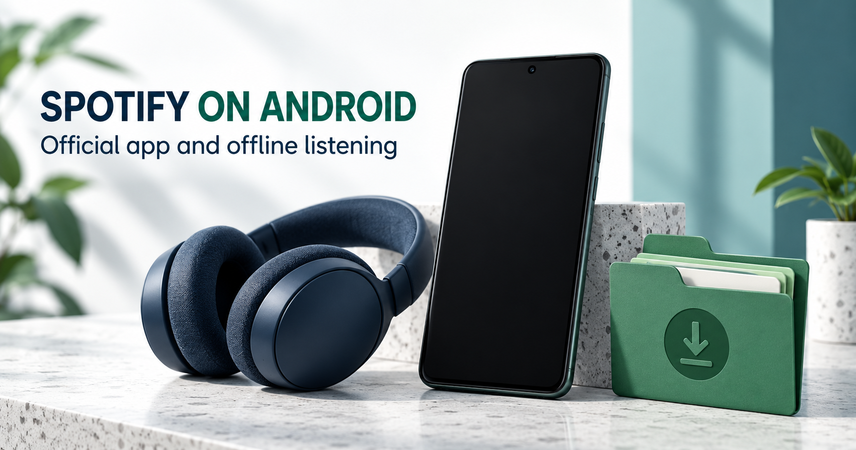 Blank phone and headphones beside offline music library folder