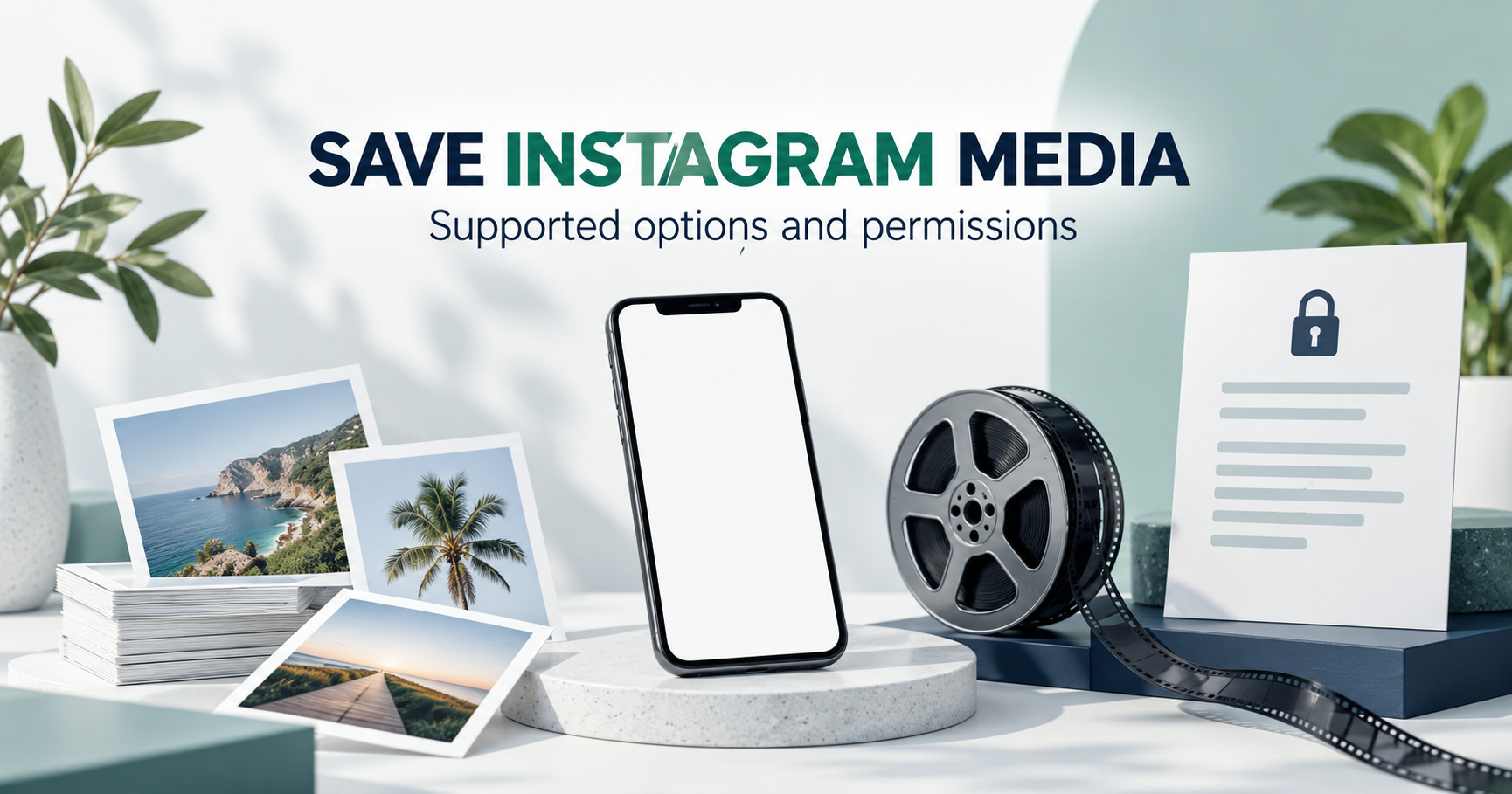 Blank phone, photo cards, film reel and media permission document