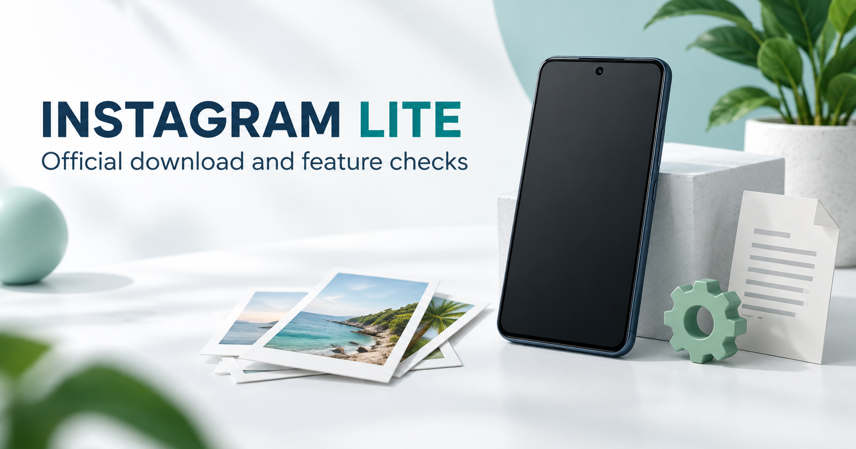 Blank compact Android phone beside photo cards, gear and source document