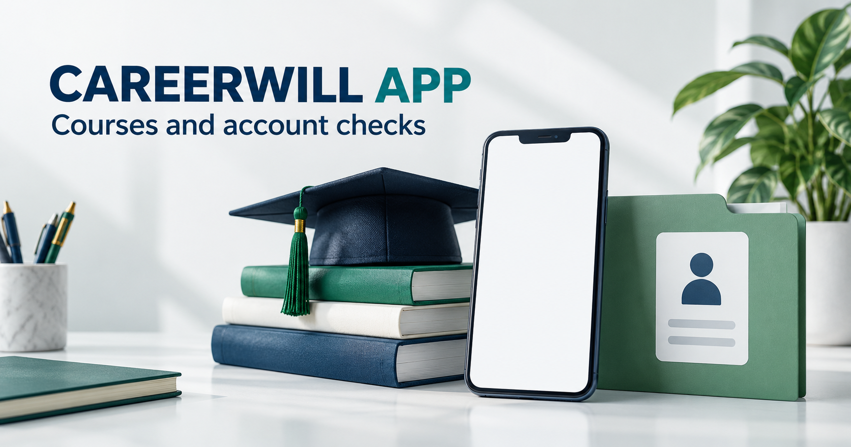 Blank phone beside textbooks, graduation cap and account identity folder