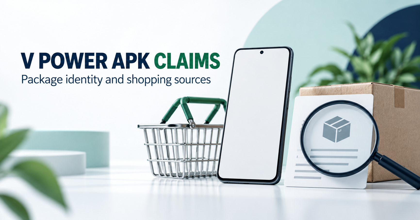 Blank phone, shopping basket and package identity document under magnifier