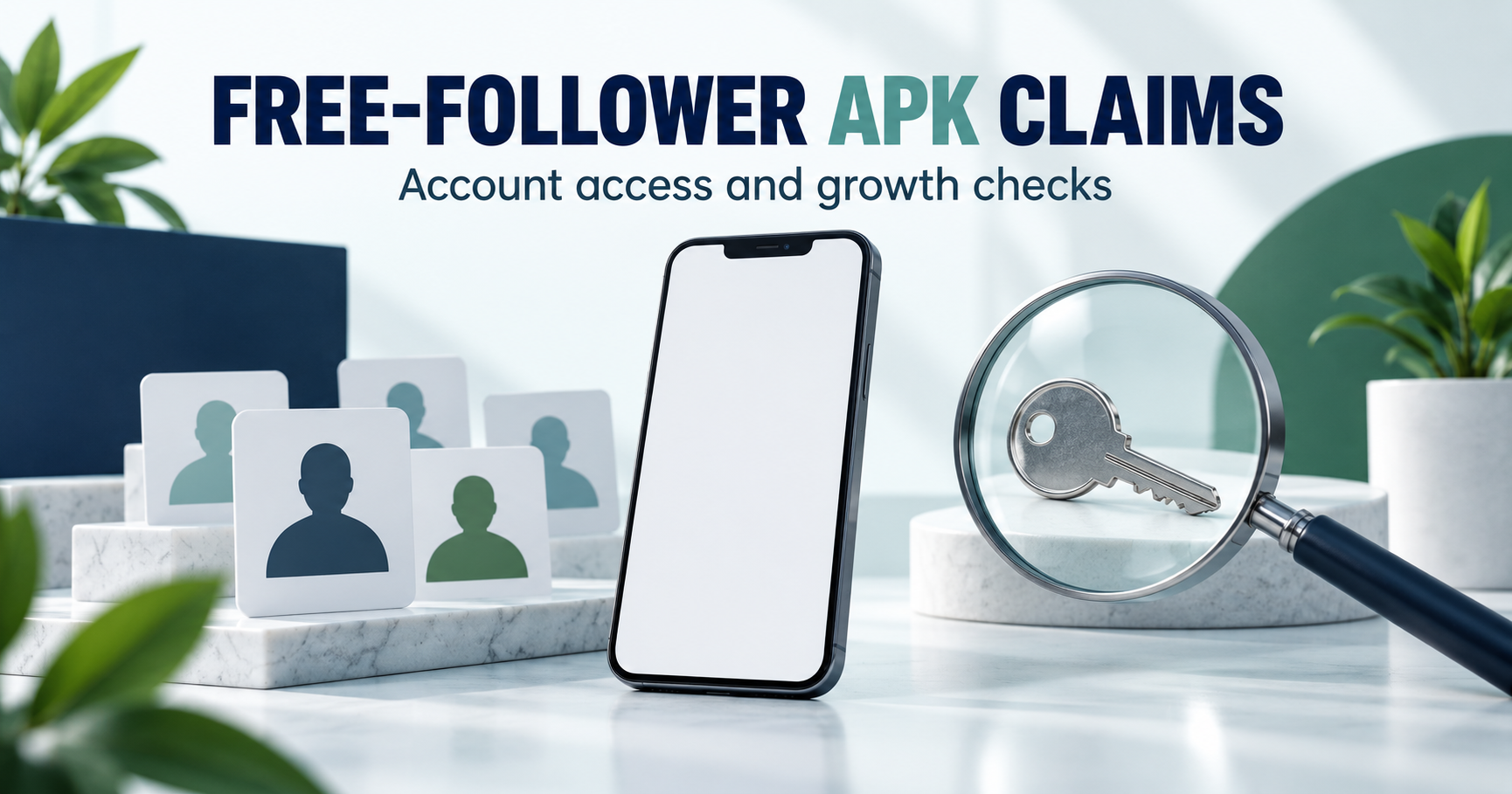Blank phone, audience silhouette cards and account key under magnifier
