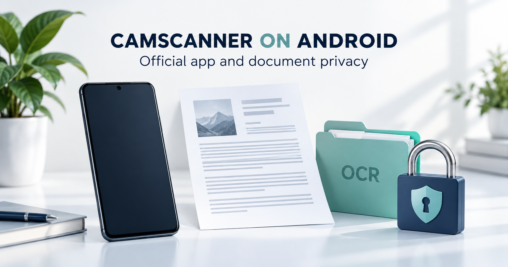 Blank phone beside generic scan, OCR folder and privacy padlock