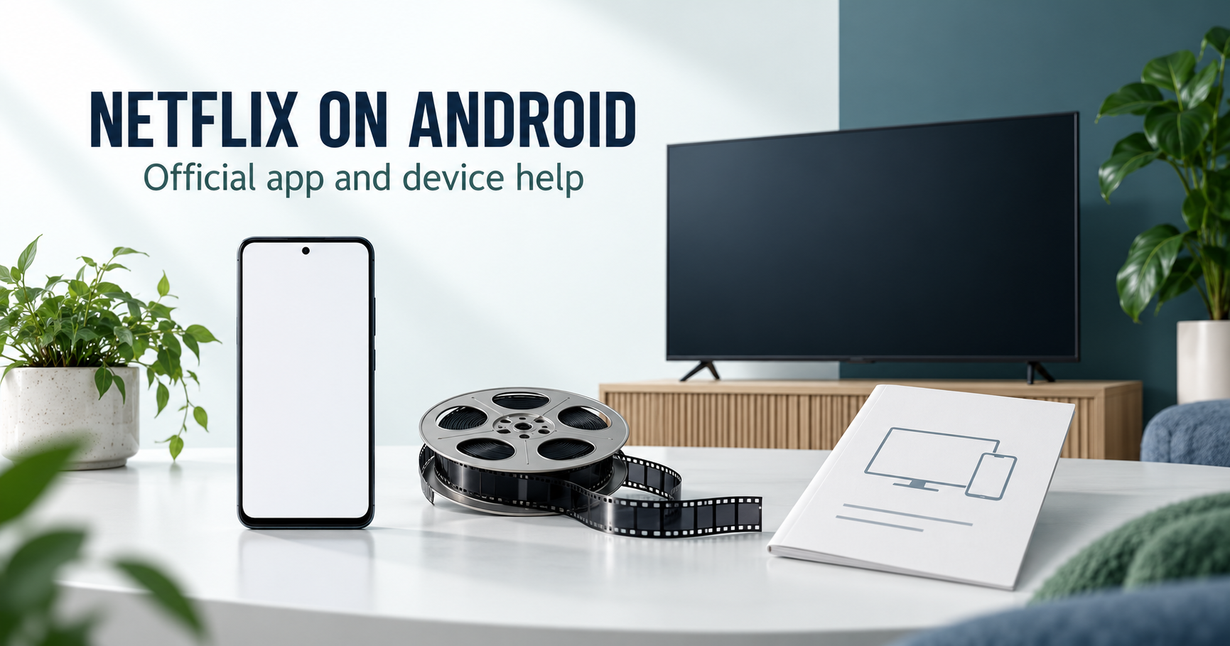 Blank Android phone and television beside film reel and device guide