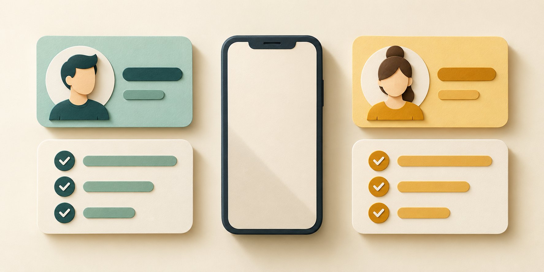 A phone beside two different profile cards and separate task lists