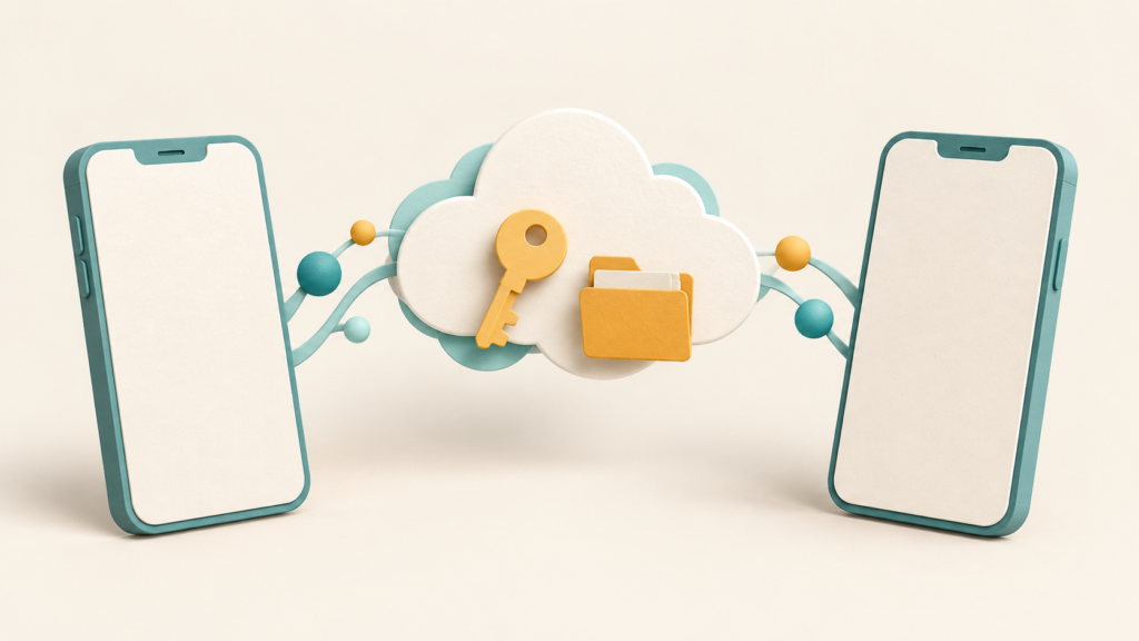Two generic phones connected through a workspace cloud beside a key and folder