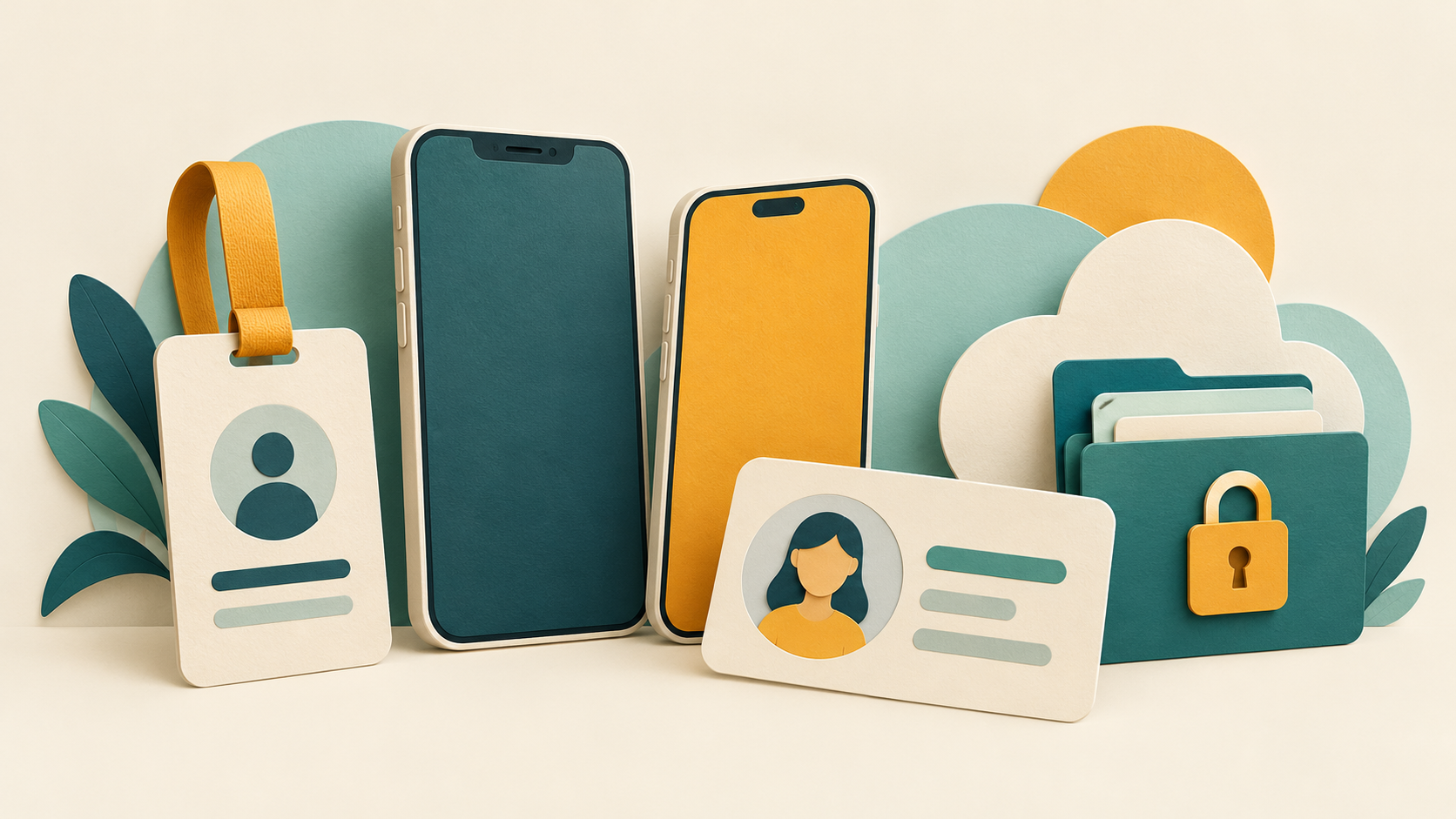 Two phones beside distinct personal and work identity cards and a cloud folder
