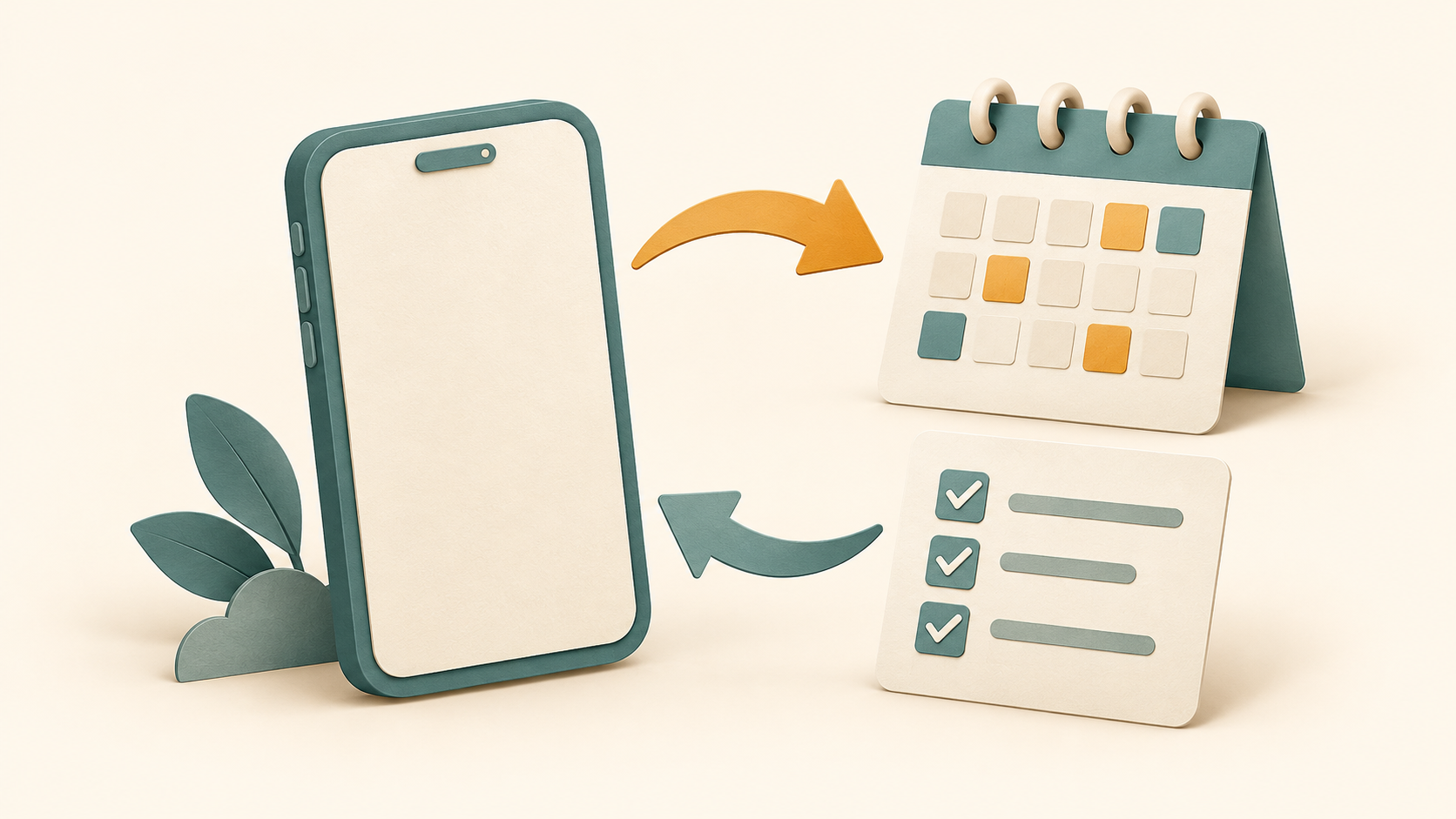 A phone beside a calendar and task checklist with two separate arrows