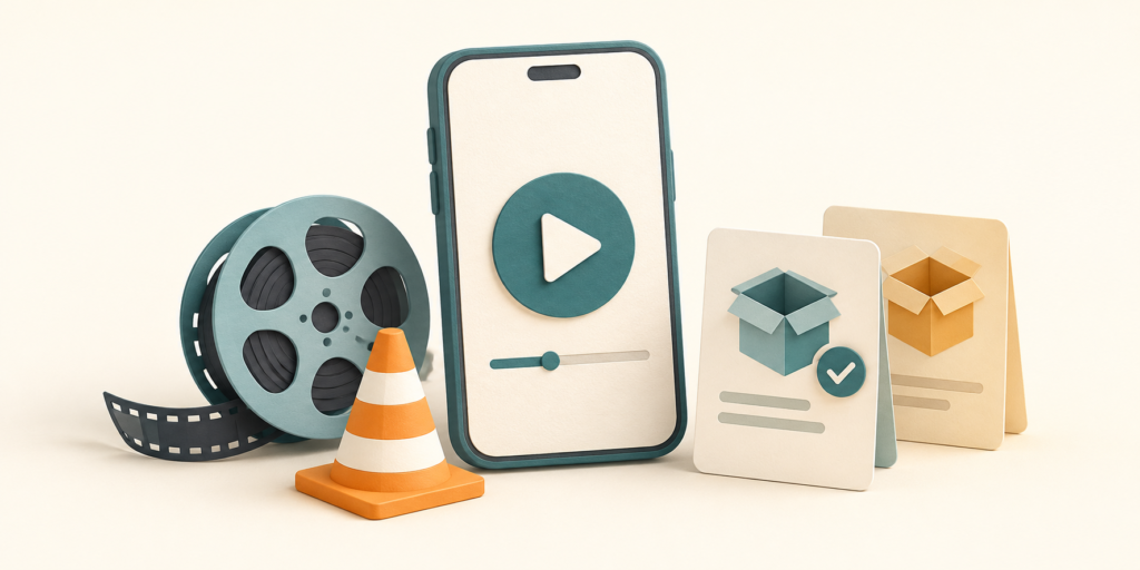 A generic phone beside an orange cone, a film reel and package cards