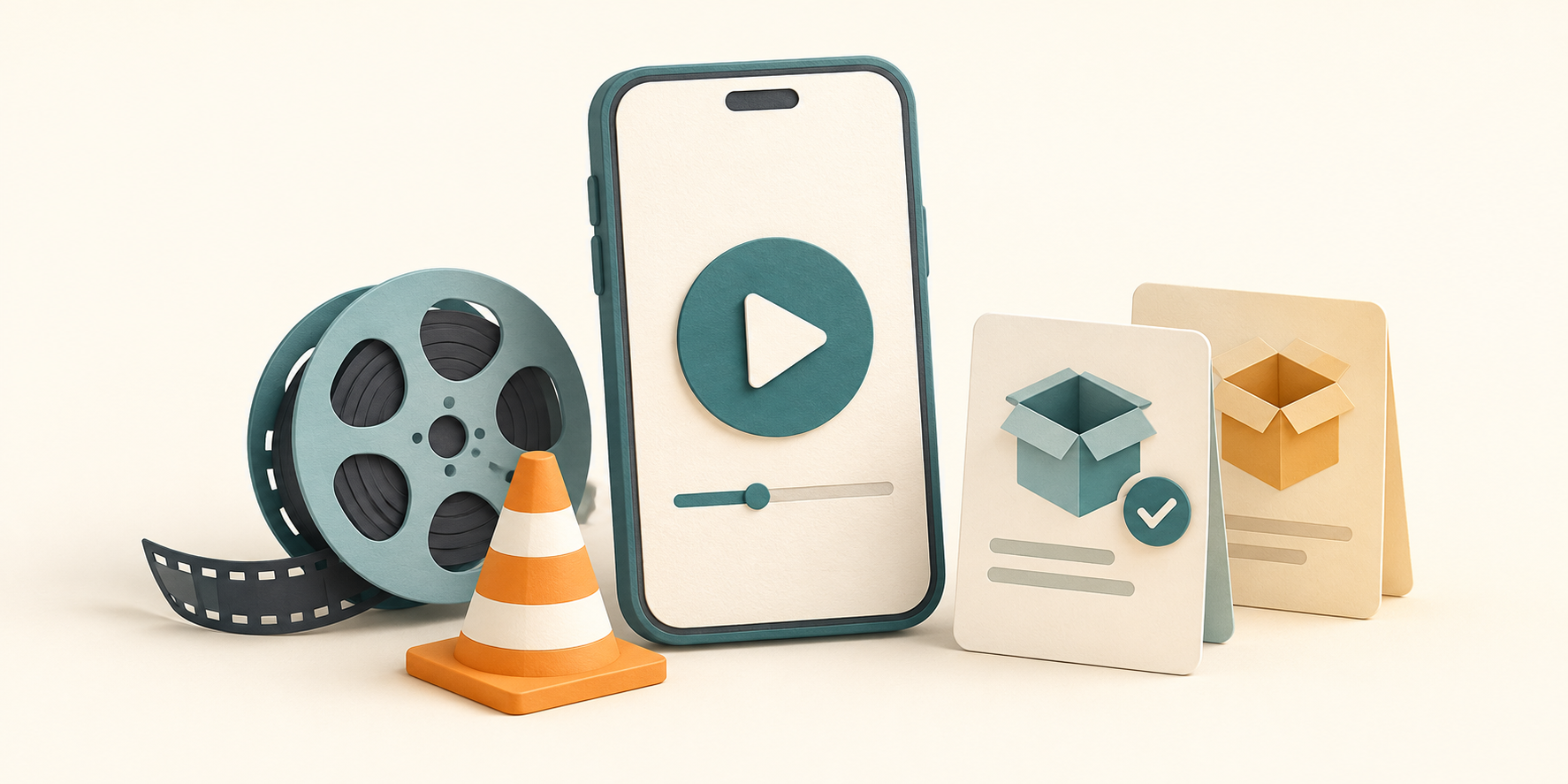 A generic phone beside an orange cone, a film reel and package cards